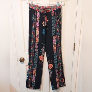 Johnny Was Black Floral Wide Leg Pants, Size S